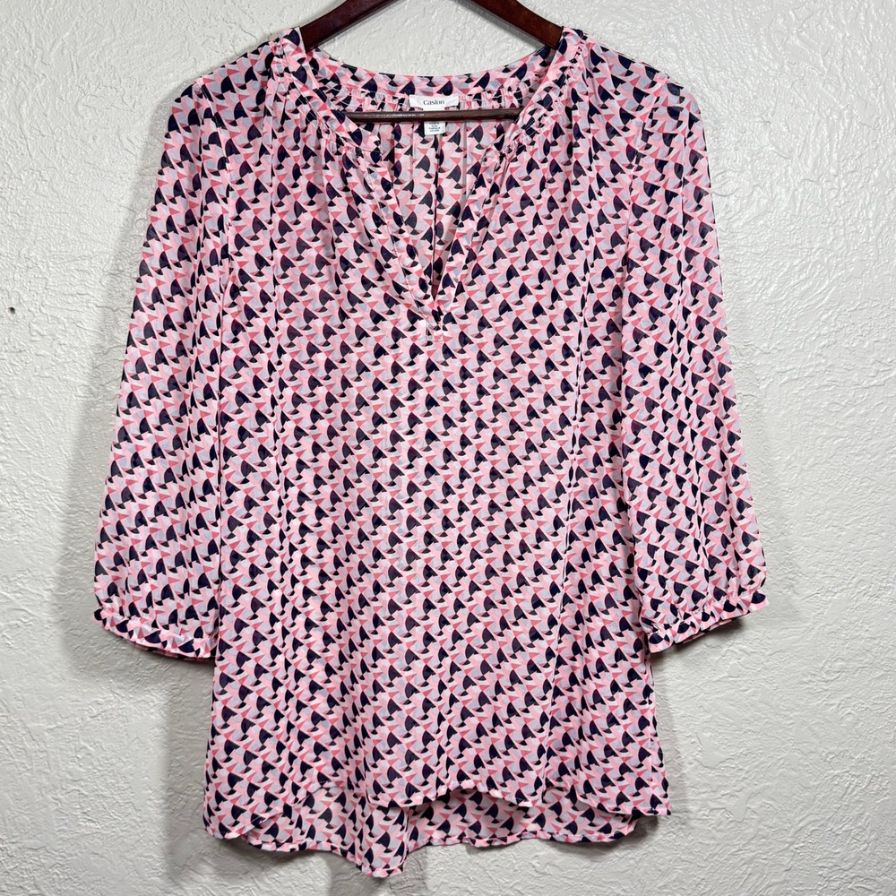 Nordstrom Caslon Sheer Blouse Top Small Geo Chiffon Retro Mod Artsy Office Work